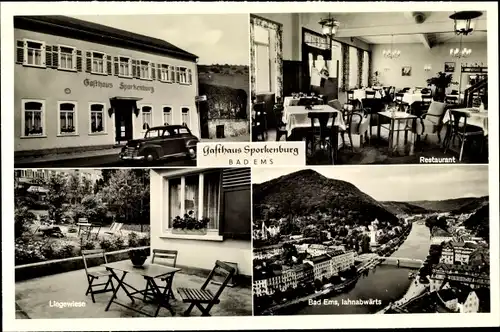 Ak Bad Ems an der Lahn, Gasthof Sporkenburg, Ort, Blick lahnabwärts