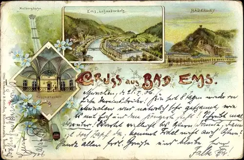 Litho Bad Ems im Rhein Lahn Kreis, Malbergbahn, Bäderley, Kesselbrunnen