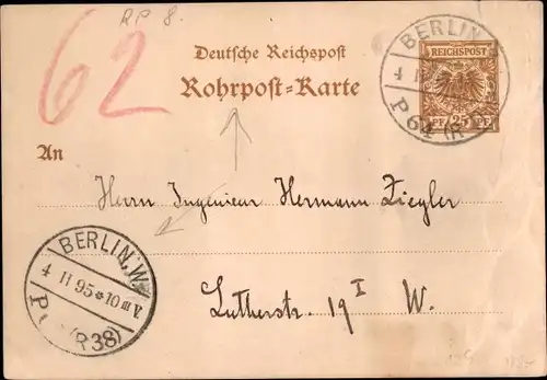 Vorläufer Ganzsachen Ak Deutsche Reichspost, Rohrpost Karte