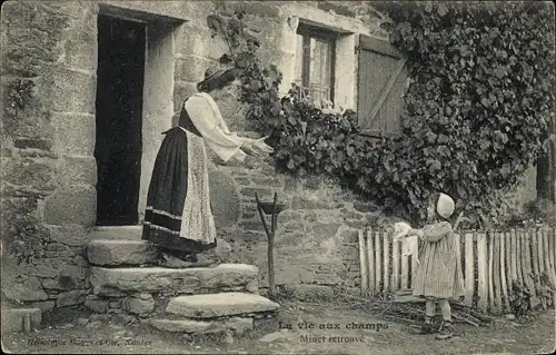 Ak La vie aux Champs, Frau mit Tochter, Katze