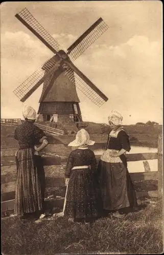 Ak Volendam Nordholland Niederlande, Mädchen in niederländischen Volkstrachten, Windmühle