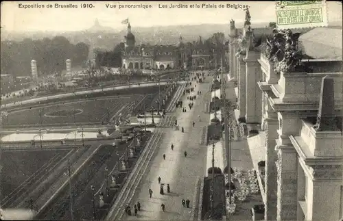 Postkarte Brüssel Brüssel, Ausstellung 1910, Panorama, Die Gärten und der Palast von Belgien