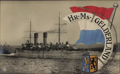 Ak Niederländisches Kriegsschiff, Hr. Ms. Gelderland, Wappen, Flagge