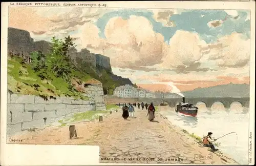 Künstler Litho Ranot, F., Namur Wallonien, Le Vieux Pont de Jambes, Angler