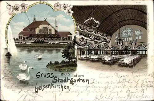 Litho Gelsenkirchen im Ruhrgebiet, Stadtgarten, Restaurant, Schwäne