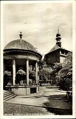 Ak Karlovy Vary Karlsbad Stadt, Stadtturm und oberer Schlossbrunn