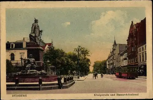 Ak Duisburg im Ruhrgebiet, Königstraße, Bismarckdenkmal, Straßenbahn