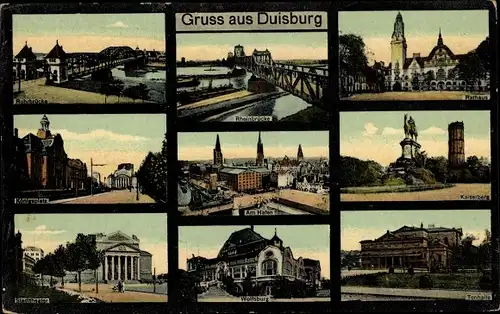 Ak Duisburg im Ruhrgebiet, Rheinbrücke, Ruhrbrücke, Kaiserberg, Rathaus, Stadttheater, Hafen