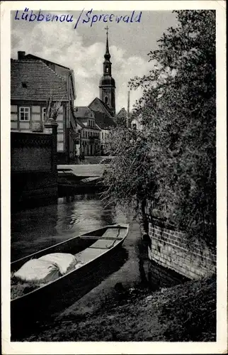 Ak Lübbenau im Spreewald, Teilansicht, Kirche, Boot