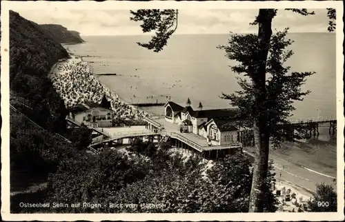 Ak Ostseebad Sellin auf Rügen, Blick vom Hochufer, Strand, Seebrücke