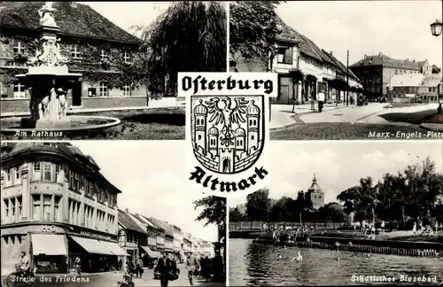 Ak Osterburg in der Altmark, Rathaus, Marx Engels Platz, Str. des Friedens, Städt. Biesebad, Wappen