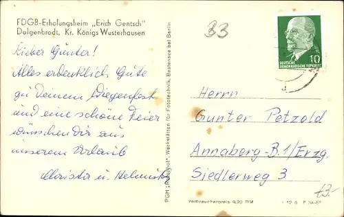 Ak Dolgenbrodt Heidesee in der Mark, FDGB Erholungsheim Erich Gentsch