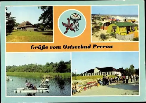 Ak Ostseebad Prerow auf dem Darß, Zeltplatz, Rohrdachhaus, Prerowstrom, Tretboote, Dünenhaus