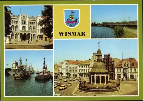 Ak Hansestadt Wismar, Hochbrücke, Mühlenteich, Hafen, Schlepper, Stadthaus, Marktplatz, Wasserkunst