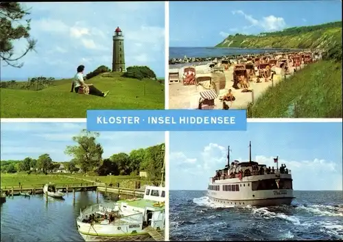 Ak Kloster Insel Hiddensee in der Ostsee, Leuchtturm, Passagierschiff, Strand