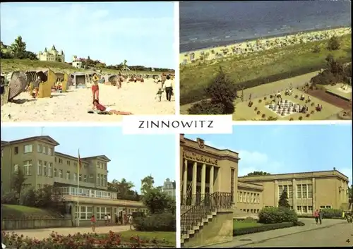 Ak Ostseebad Zinnowitz auf Usedom, Strand, Sportanlage, Kulturhaus, Haus Schmirgel