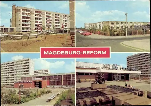 Ak Magdeburg, Reform, Spielplatz Georgi Dobrowolski Straße, HOG Kosmos, HO-Kaufhalle