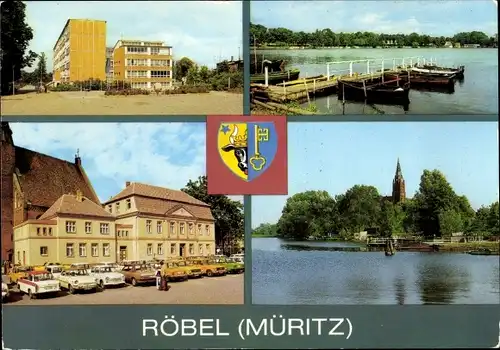 Ak Röbel an der Müritz, Hafen, Rathaus, Promenade, Wappen, R.-Sorge-Oberschule