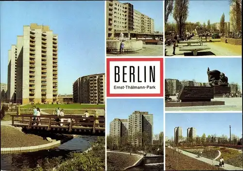 Ak Berlin Prenzlauer Berg, Ernst-Thälmann-Park, Hochhäuser, Kinderspielplatz, Denkmal