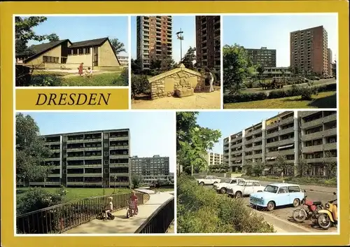 Ak Dresden Prohlis, Finsterwalder Straße, Ev.-luth. Gemeindezentrum, Palitzsch Brunnen