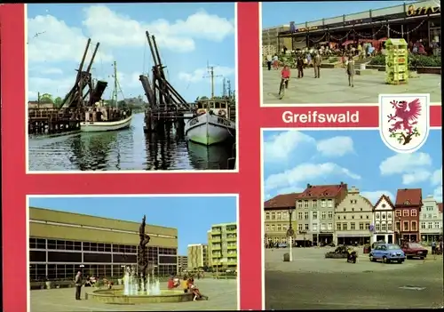 Ak Greifswald, Wiecker Klappbrücke 1887, Kaufhalle 8. Mai, Neue Sporthalle, Platz der Freundschaft