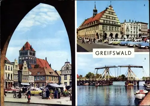 Ak Hansestadt Greifswald, Rathaus, Platz der Freundschaft, Wiecker Brücke