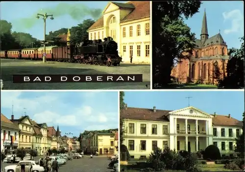 Ak Bad Doberan in Mecklenburg, Markt, Moorbad, Klosterkirche, Bäderbahn Molli