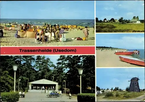 Ak Trassenheide auf Usedom, Strand, Musikpavillon, Mühle Jugenderholungszentrum VEB Carl Zeiss Jena