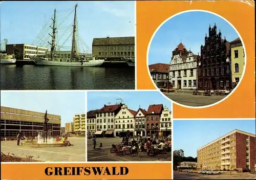 Ak Hansestadt Greifswald, Segelschulschiff Wilhelm Pieck, Platz der Freundschaft, HO-Hotel Boddenhus