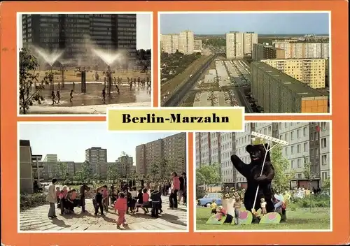 Ak Berlin Marzahn, Brunnen, Berliner Bär, Plattenbauten