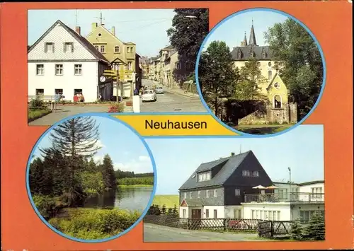 Ak Neuhausen im Erzgebirge, Schloss Purschenstein, Bahnhofstraße, Ferienheim Dachsbaude