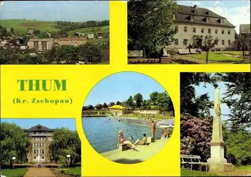 Ak Thum im Erzgebirge Sachsen, Rathaus, Postmeilensäule, Oberschule Maxim Gorki, Sonnenbad