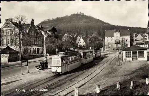 Ak Klein Biesnitz Görlitz in der Lausitz, Landeskrone, Straßenbahn Linie 2