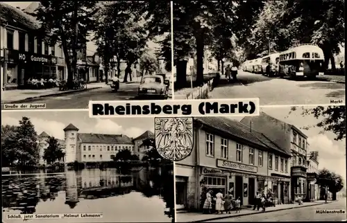 Ak Rheinsberg in der Mark, Markt, Straße der Jugend, Mühlenstraße, Schloss, Sanatorium H. Lehmann