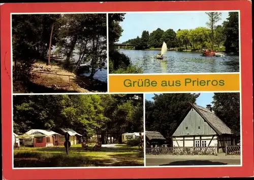 Ak Prieros Heidesee in der Mark, Campingplatz D 66 am Hutschesee, D 64 am Schmöldesee, Heimathaus