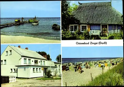 Ak Ostseebad Zingst, Fischerstrand, Rohrdachkaten, FDGB Erholungsheim Stranddistel, Strand