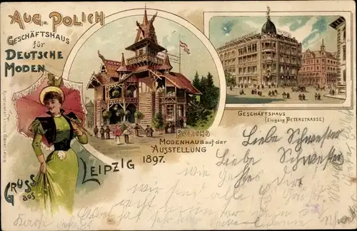 Litho Leipzig in Sachsen, Industrie und Gewerbeausstellung 1897, Modenhaus, Geschäftshaus