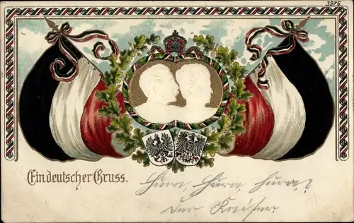 Präge Wappen Litho Ein deutscher Gruß, Deutsches Kaiserpaar