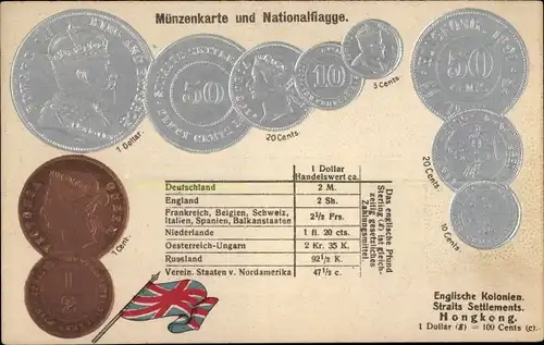 Präge Litho Hongkong China, Münzen und Nationalflagge