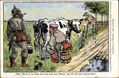 Künstler Ak Zille, Heinrich, Vadding in Frankreich, Soldat melkt eine Kuh