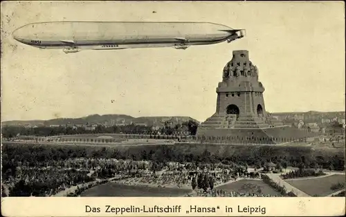 Ak Leipzig in Sachsen, Zeppelin Luftschiff Hansa, Völkerschlachtdenkmal