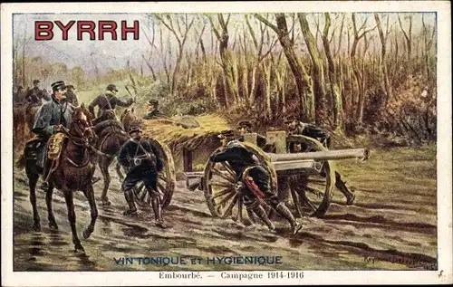 Künstler Ak Reklame, Byrrh Vin Tonique, Französische Soldaten mit Geschütz im Schlamm
