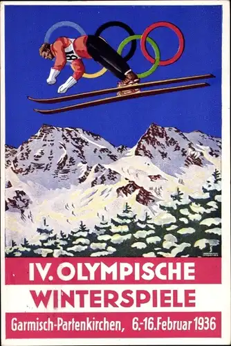 Künstler Ak Garmisch Partenkirchen in Oberbayern, Olympische Winterspiele 1936, Skisprung