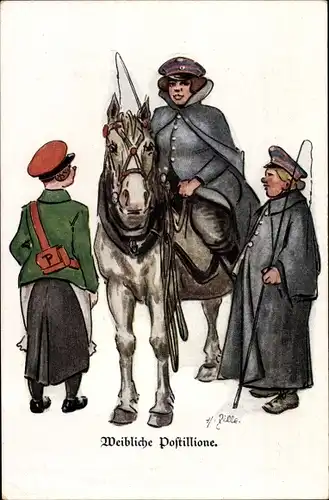 Künstler Ak Zille, Heinrich, Berlin, Weibliche Postillione