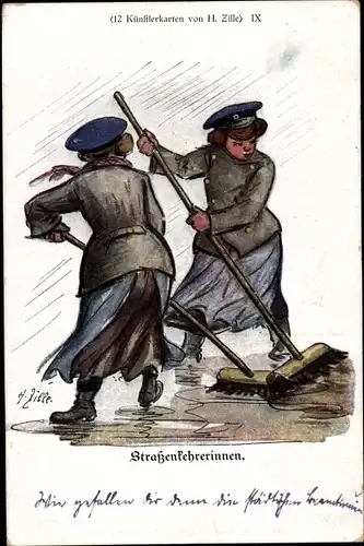 Künstler Ak Zille, Heinrich, Straßenkehrerinnen bei der Arbeit