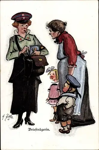 Künstler Ak Zille, Heinrich, Berlin, Briefträgerin, Mutter mit Kindern