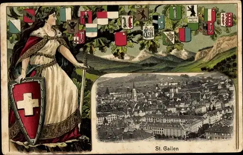 Präge Wappen Passepartout Ak Sankt Gallen Stadt Schweiz, Gesamtansicht, Helvetia