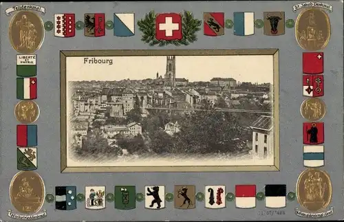 Präge Wappen Passepartout Ak Fribourg Freiburg Stadt Schweiz, Gesamtansicht