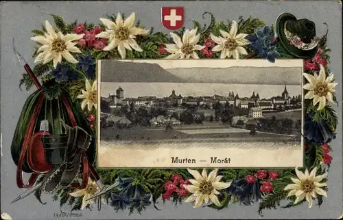 Präge Passepartout Ak Morat Murten Kanton Freiburg, Gesamtansicht, Edelweiß