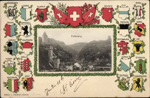Präge Wappen Passepartout Ak Fribourg Freiburg Stadt Schweiz, Gesamtansicht